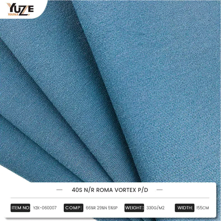 YZK-060007 40S N/R Roma Vortex P/D: Rayon, Naylon ve Spandex'in Yüksek Performanslı Karışımlarını Birleştirme, Vorteks Vorteks Döndürme Teknolojisi Dayanıklı ve Rahat Bir Moda Seçimi Oluşturur